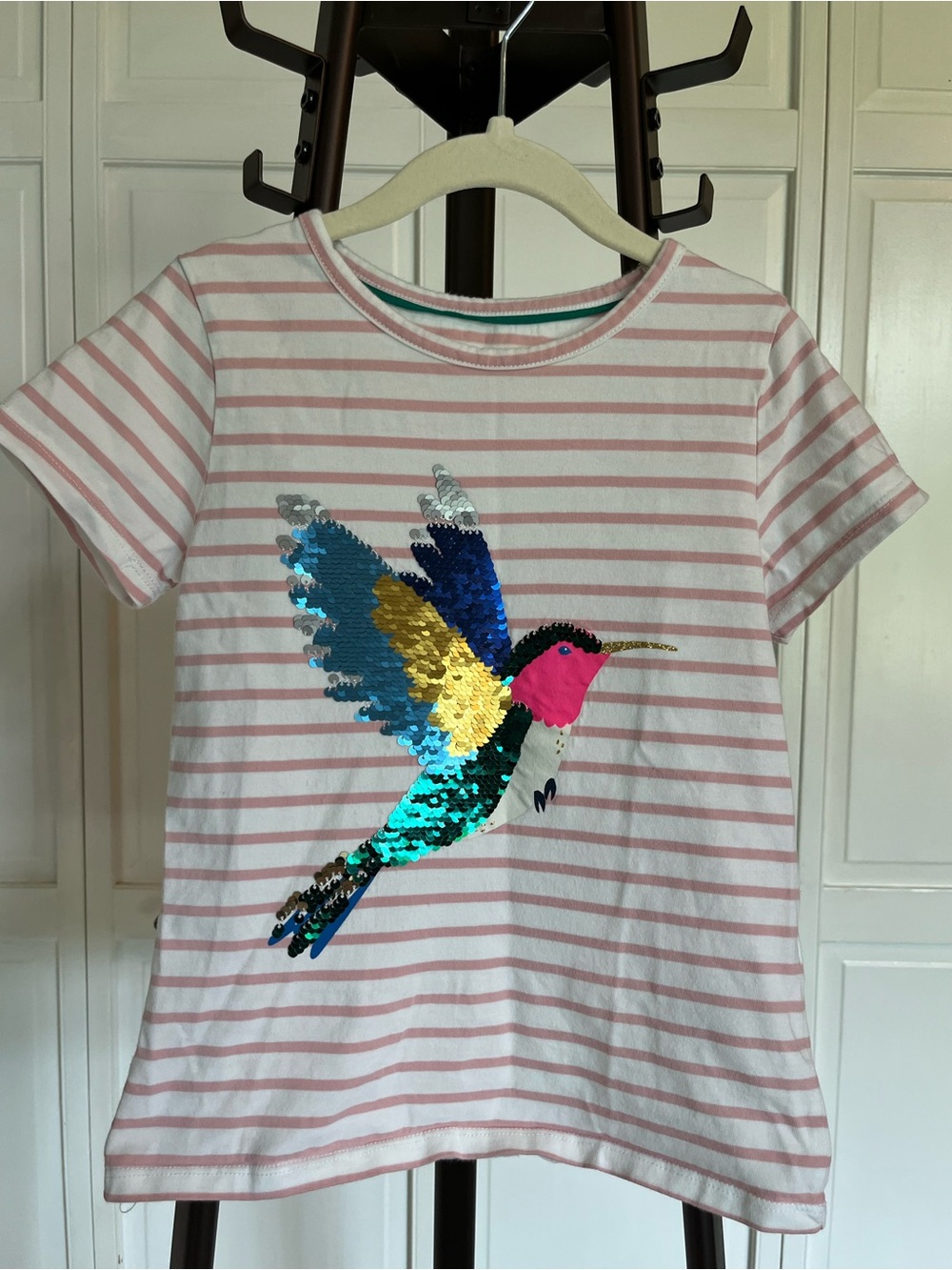 Mini Boden Kids Pink Stripe Sequin Hummingbird Tee